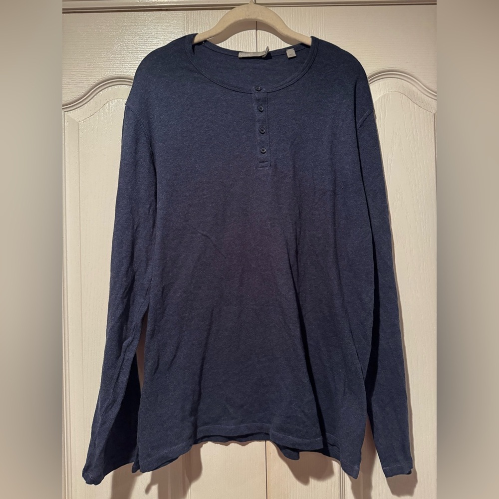 Vince Dark Blue Cotton Quarter Button Long Sleeve Tee - Size L